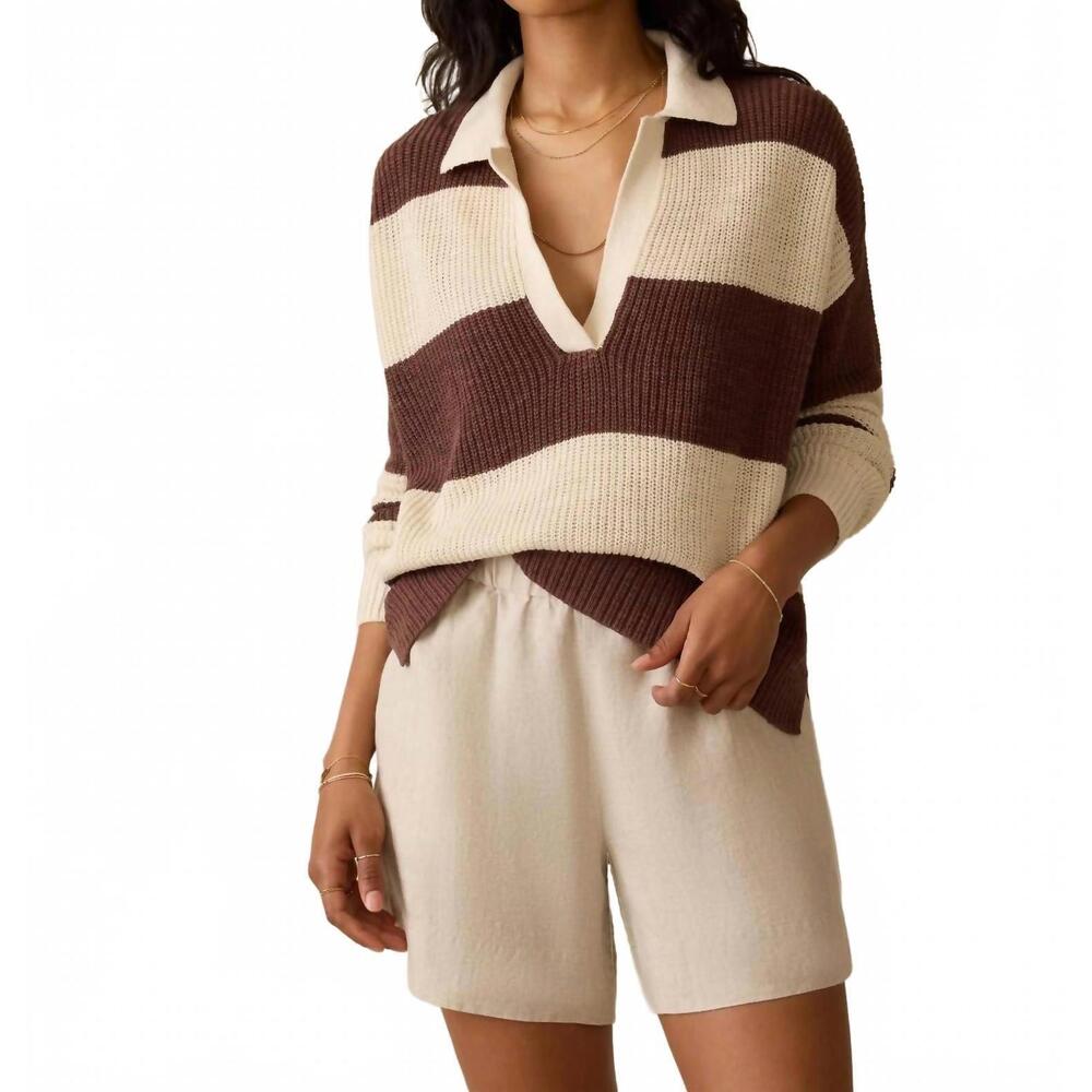 NEW FAHERTY miramar linen polo sweater in cocoa rugby stripe - Picture 1 of 4